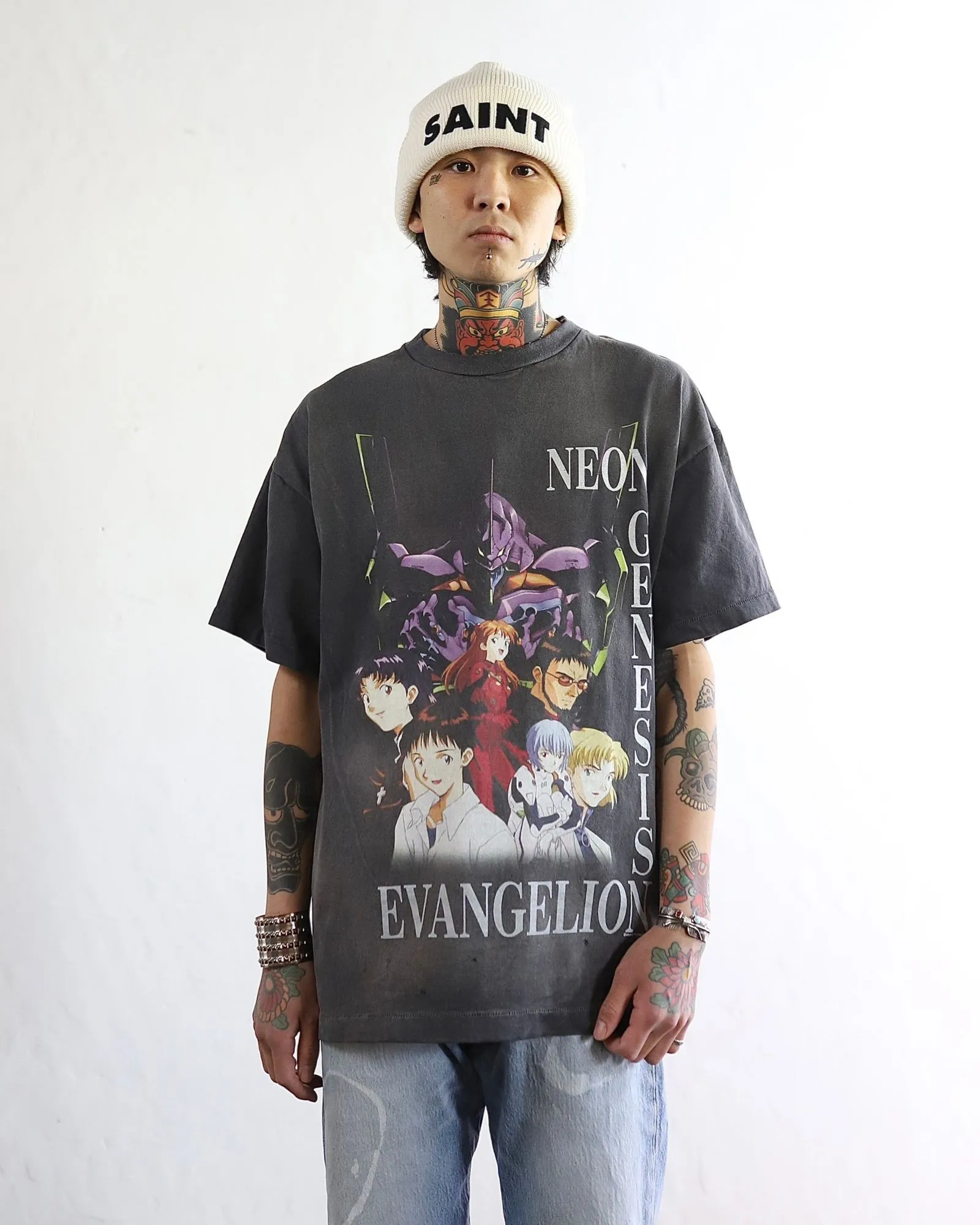 SAINT Mxxxxxx × EVANGELION NEON GNSIS TEE/BLK co-branded Neon Genesis Evangelion distressed short-sleeves, washed black S-XL, vintage NEW VINTAGE, top printing technology, garment dyeing, re-washed, distressed, correct co-branded main mark/washing mark